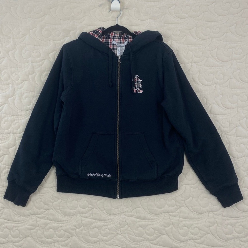 Disney Parks Reversible Mickey Mouse Zip Up Hoodie Navy Blue and Plaid Women L